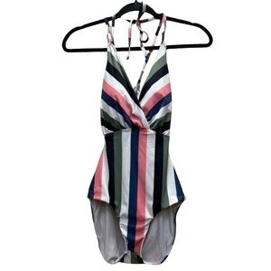 Sunn Lab Swim Green Pink Blue Striped One Piece Swimsuit Womens Size Small